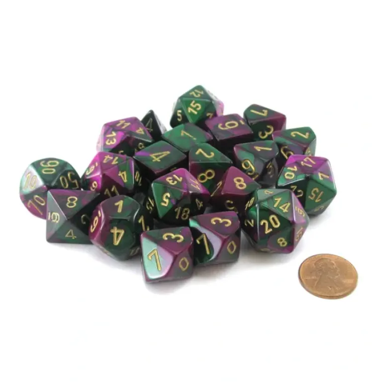 Bag of 20 Gemini Polyhedral Dice - Green-Purple with Gold Numbers - Your Source for Gaming Essentials
