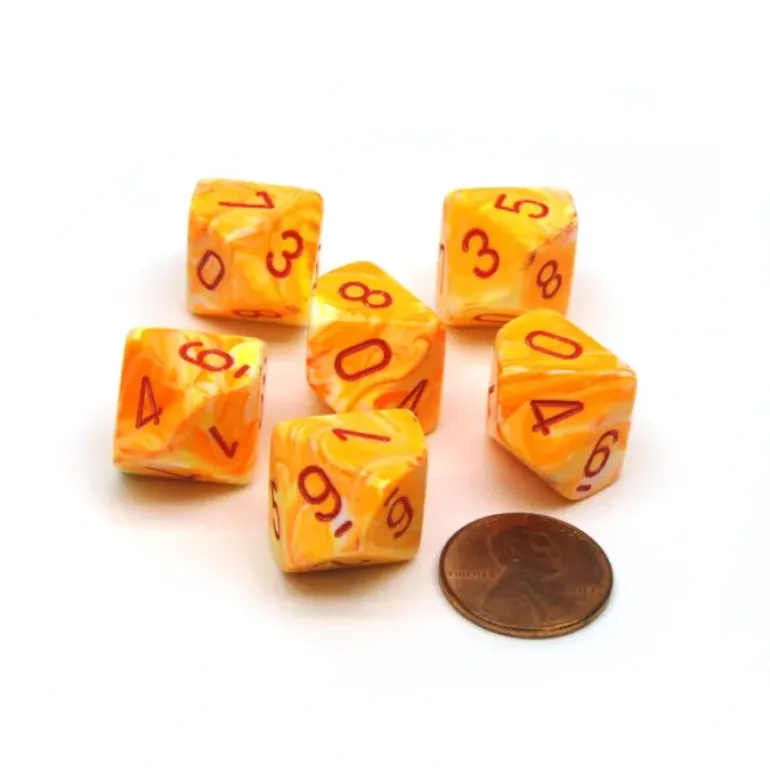 Festive 16mm D10 (0-9) Chessex Dice, 6 Pieces - Sunburst with Red Numbers - Your Source for Gaming Essentials