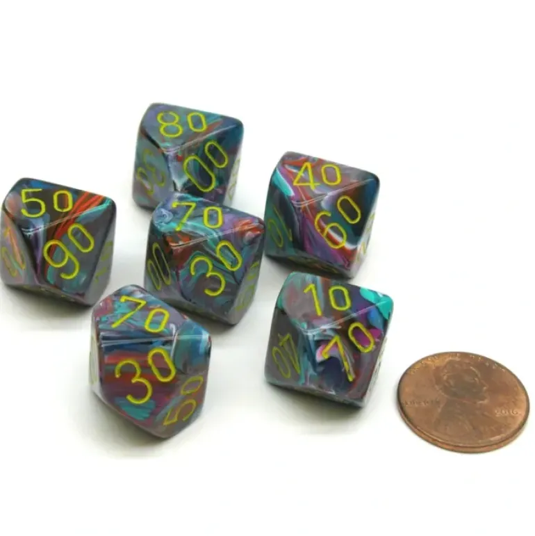 Festive 16mm Tens D10 (00-90) Dice, 6 Pieces - Mosaic with Yellow Numbers - Your Source for Gaming Essentials