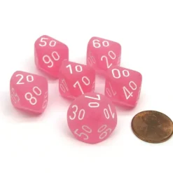 Frosted 16mm Tens D10 (00-90) Chessex Dice, 6 Pieces - Pink with White Numbers - Your Source for Gaming Essentials
