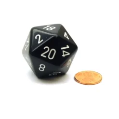 34mm Large 20-Sided D20 Opaque Chessex Dice, 1 Die - Black with White Numbers - Your Source for Gaming Essentials