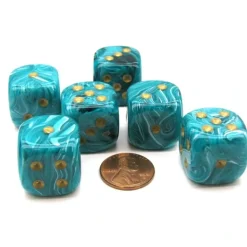 Vortex 20mm Big D6 Chessex Dice, 6 Pieces - Teal with Gold Pips - Your Source for Gaming Essentials